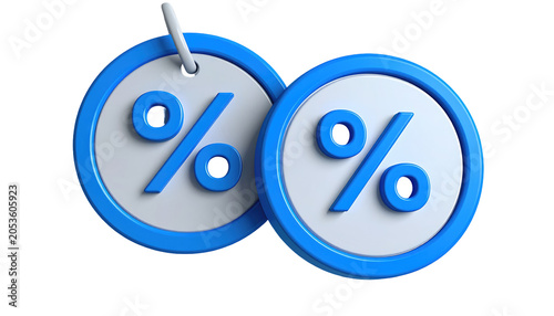 Two circular tags with blue edges and white centers display percentage symbols. One is slightly behind the other, and attached to a tag with a string