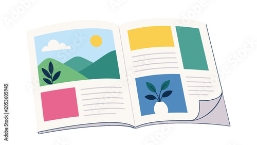 Φωτογραφία Open magazine with colorful layout and illustrated pages
