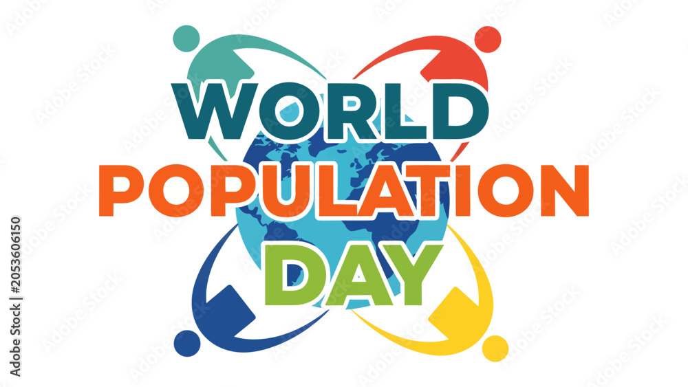 Fototapeta premium World Population Day Logo: A vibrant graphic representing World Population Day, featuring stylized human figures embracing a globe.