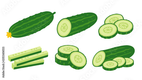 Konstfotografi Cucumber whole, cut, sliced and stick pieces vector set