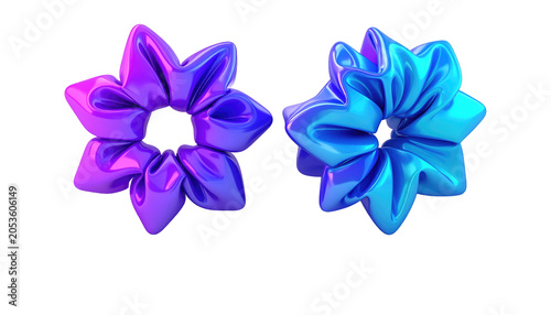 Two floral-shaped, 3D rendered forms with soft, folded petals and smooth, reflective surfaces, displayed against a dark void