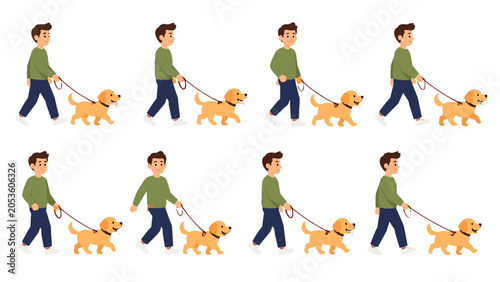 Bild auf Leinwand Cartoon man walking dog in multiple poses isolated set
