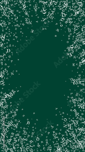 Scattered letters of latin alphabet. White chalk floating characters of English language. Foreign languages study concept. Back to school banner on blackboard background.