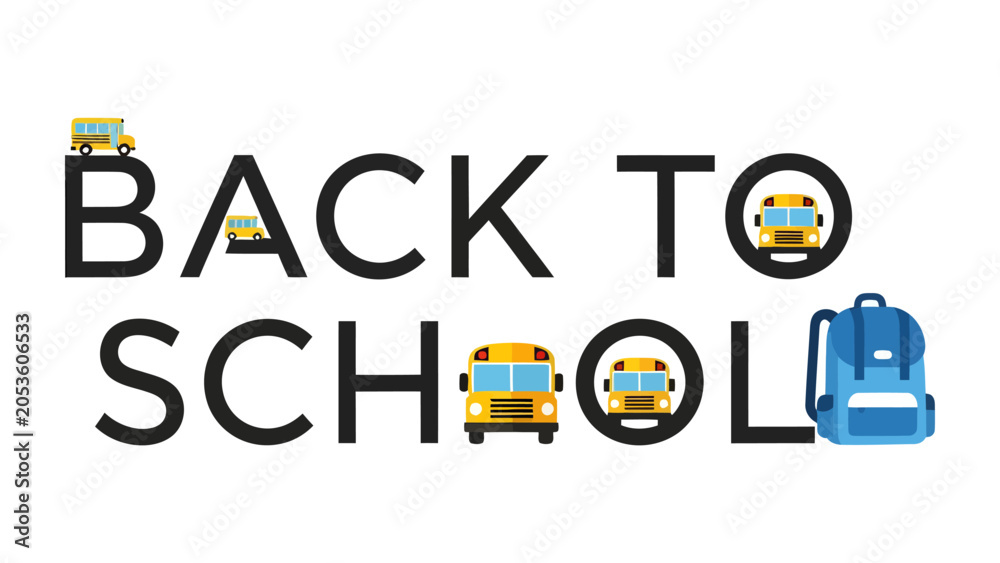 Fototapeta premium Back to School Graphic: Cheerful yellow school buses and a blue backpack are integrated with the bold typography BACK TO SCHOOL, creating a vibrant and playful design perfect for educational themes.