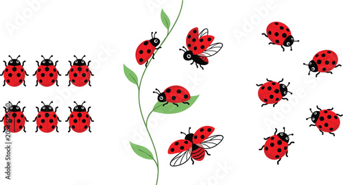 Tableau sur toile Cute Red Ladybug Collection with Green Plant Stem and Flying Insects for Nature