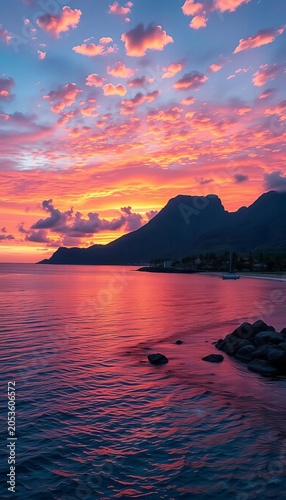 A breathtaking sunset paints the sky in hues of orange and pink over a calm Hawaiian bay,  tranquil,  island