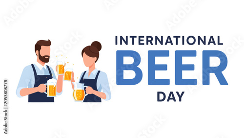 Obraz na płótnie International Beer Day Toast: A man and a woman, likely bartenders or beer enthusiasts, clink glasses filled with frothy golden beer, celebrating International Beer Day with festive cheer