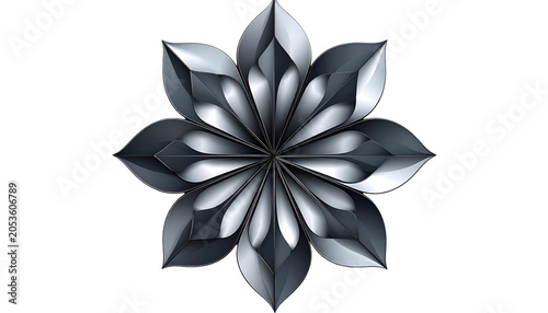 A symmetrical, stylized flower with eight petals, rendered in metallic silver and gray hues, against a black background