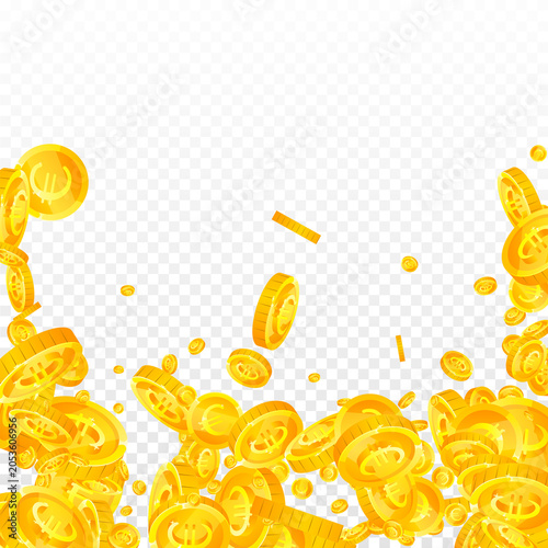 European Union Euro coins falling. Scattered gold EUR coins. Europe money. Jackpot wealth or success concept. Square illustration.