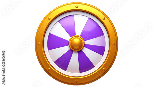A 3D render of a stylized shield featuring a gold rim and a central disc with alternating purple and white radial segments