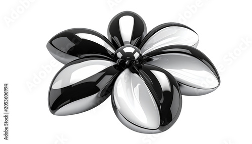 A sleek, digitally rendered flower with glossy, curved petals reflecting light, featuring a dark center. It?s set against a solid black background
