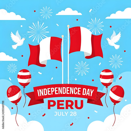 Peru Independence Day celebration with red white flags balloons fireworks and doves in blue sky