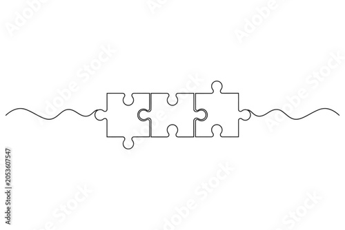 Continuous single line drawing of connected jigsaw puzzle pieces with connected teamwork solution business strategy collaboration minimalist monoline illustration background thinking