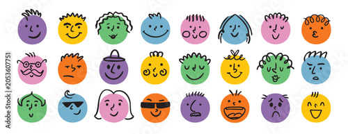 funny comic faces round abstract various emotions set. crayon drawing different colorful characters. cartoon flat design.