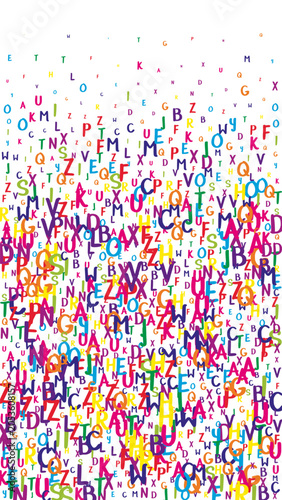 Concept of school background. Colorful childish falling letters of English language. Foreign languages study concept. Back to school banner on white background.