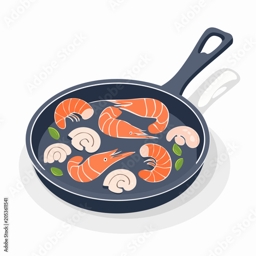 Illustration of Shrimp and Mushrooms in a Frying Pan