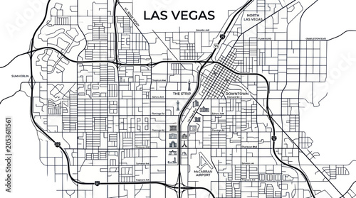 Photography Las Vegas street map, black and white, city plan, navigation, urban grid