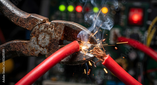 Red electrical wire being cut with sparks using wire cutters