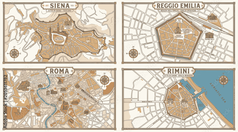 Naklejka premium Vintage Italian City Maps: Siena, Reggio Emilia, Rome, Rimini