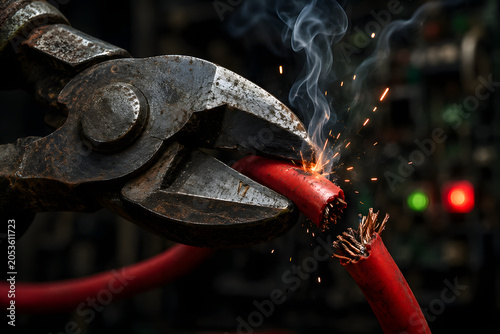 Red electrical wire being cut with sparks using wire cutters
