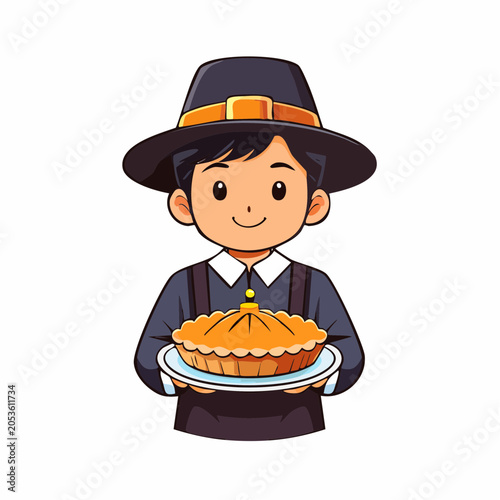 Pilgrim Boy Holding Pumpkin Pie