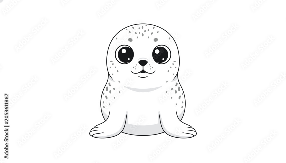 Fototapeta premium Cute cartoon harbor seal cub with big shiny black eyes and spotted white fur, isolated on a clean white background.
