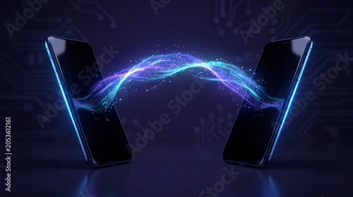 Two smartphones with a glowing particle light wave connecting them on a dark circuit background, data transfer concept