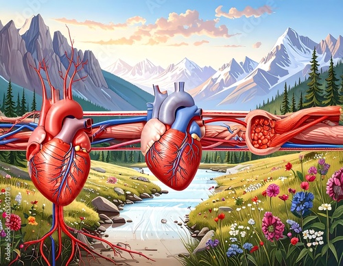 Surreal depiction of three hearts connected by vessels spanning a scenic valley with a river, flowers, mountains, and sky