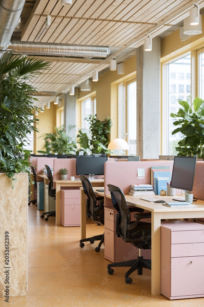 Fototapeta premium Contemporary open plan office with pink workstations plants and exposed ductwork for collaborative workspace background and interior design