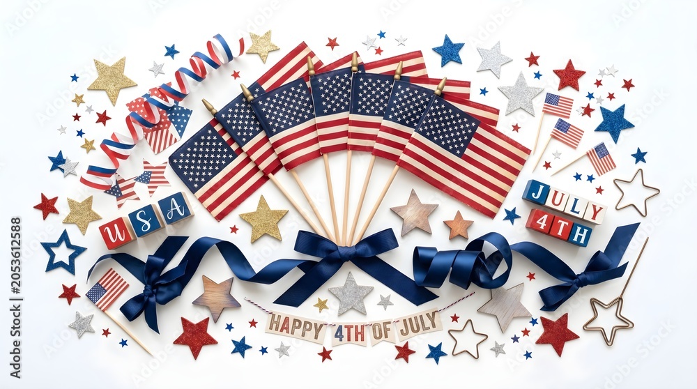 Obraz premium Patriotic 4th of July celebration, American flag, stars, ribbons, USA Independence Day decoration