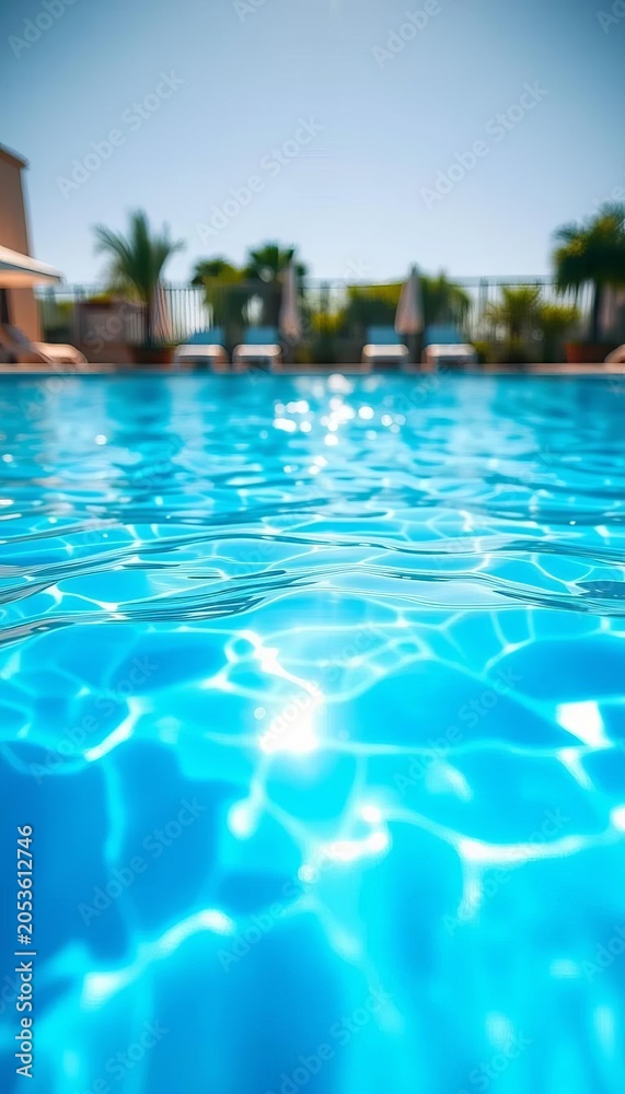 Fototapeta premium Crystal clear water glistens in a sunlit outdoor pool, reflecting azure skies , serene, blue
