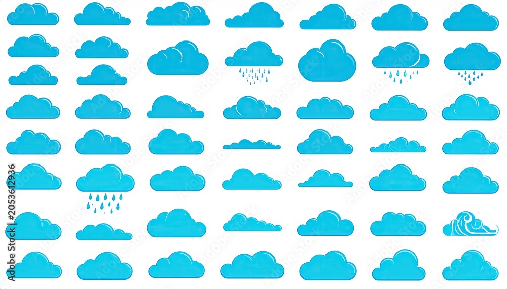 Fototapeta premium A collection of blue, cartoon-style cloud illustrations isolated on white