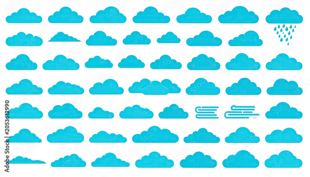 Fototapeta premium A collection of blue stylized cloud illustrations, ranging in shapes and sizes, on a white background
