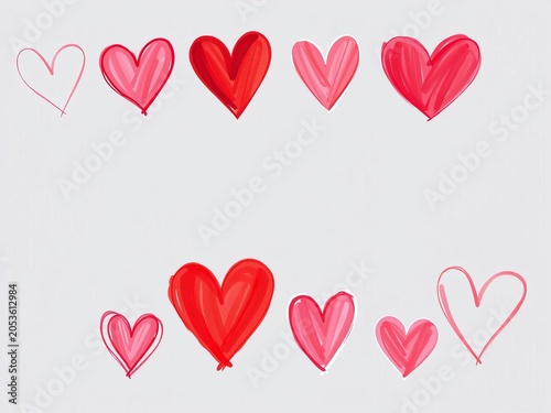 Cute hand-drawn hearts in various styles, red brush strokes,  cute,  hand-drawn