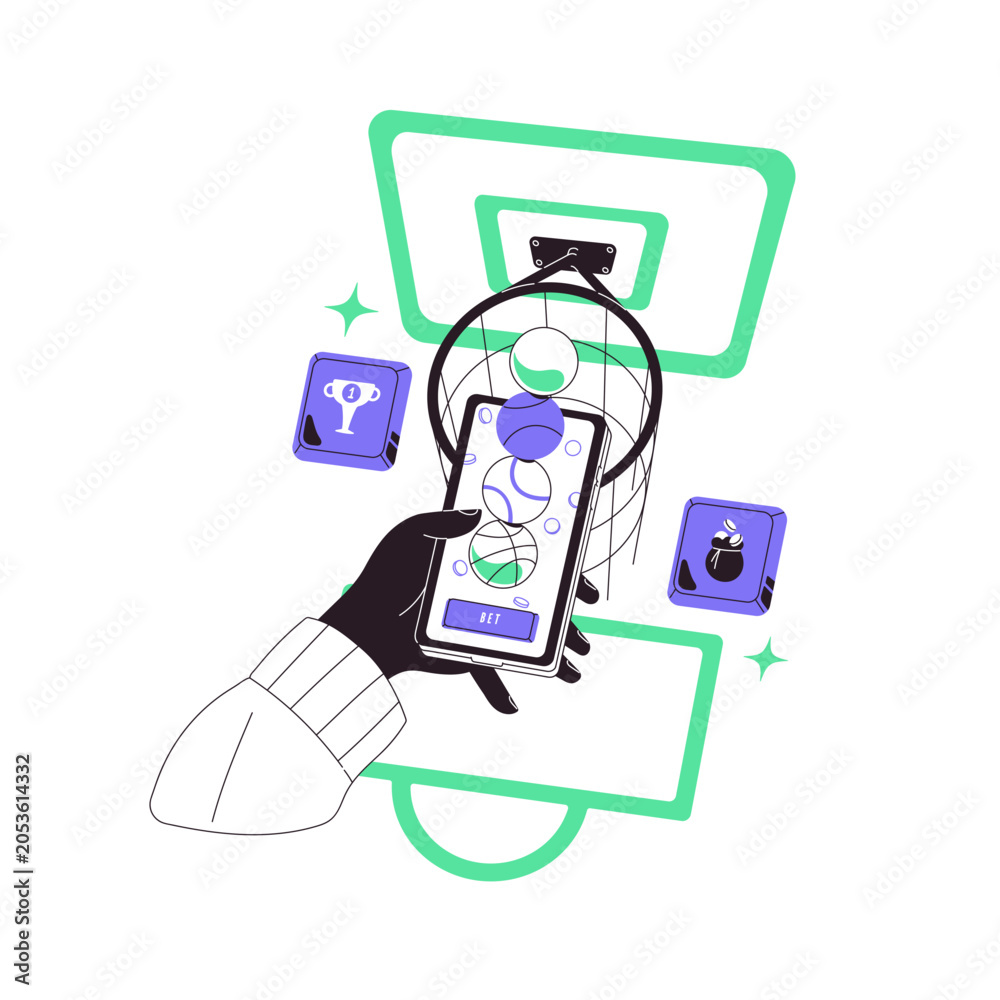 Naklejka premium Concept of sport betting. Online gambling. Bookmaker mobile phone app. Human hand holding smartphone and playing wagering, fortune games. Flat isolated outline vector illustration on white background
