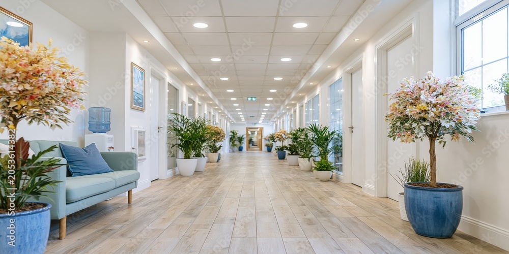 Fototapeta premium Bright long office corridor lined with potted plants and seating for hallway background and public interior wallpaper