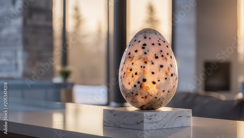 Illuminated egg-shaped sculpture with black speckles and an illuminating interior, displayed on a marble base in a bright interior