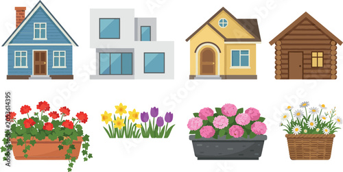 Foto Modern and traditional house architecture vector set with cottage villa log cabi