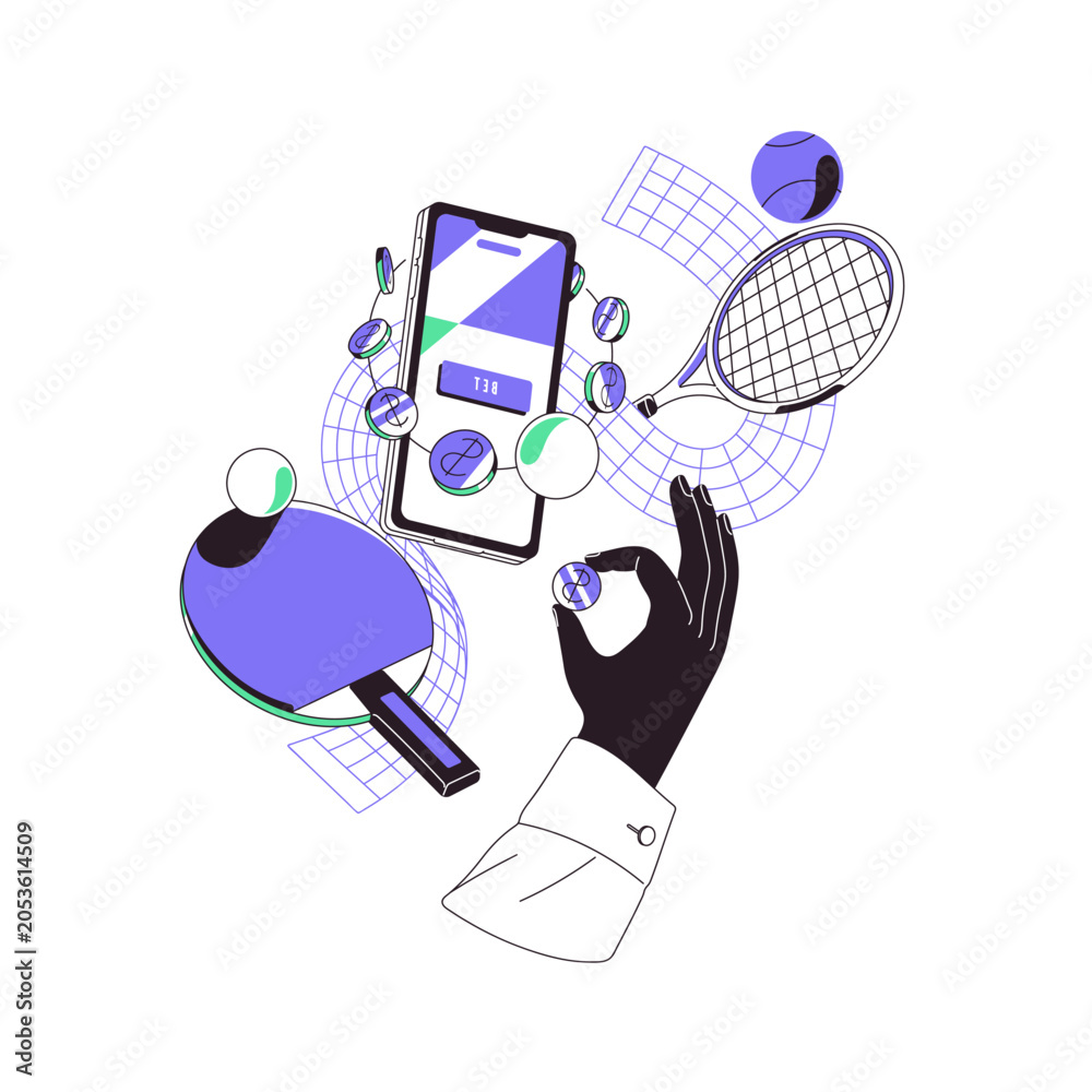 Naklejka premium Online sports betting concept. Person with coin in hand is wagering in bookmaker app. Gambling in smartphone. Playing fortune games in phone. Flat isolated outline vector illustration on white