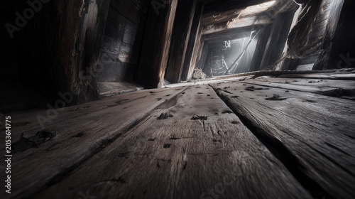 gouge. The empty, dimly lit wooden hold of an old ship with deep gouge marks. mobility guides, transit brochures, designed for transport & logistics marketing and mobility and urban transit guides.
