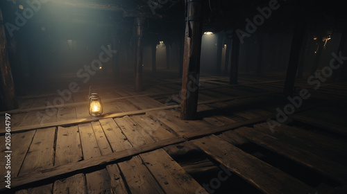 gouge. The empty, dimly lit wooden hold of an old ship with deep gouge marks. mobility guides, transit brochures, designed for transport & logistics marketing and mobility and urban transit guides.