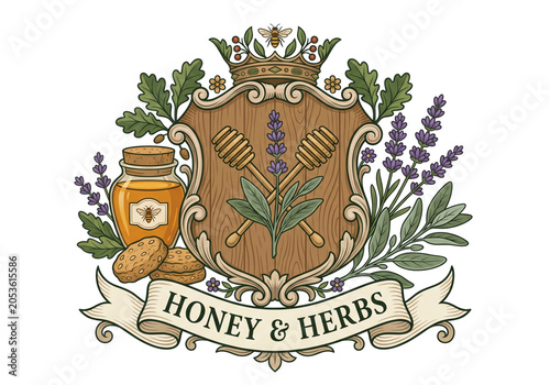 Vintage emblem featuring honey, herbs, and lavender arrangement  