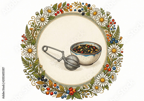 Decorative bowl with tea and infuser surrounded by floral design  