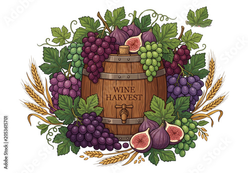 Wine harvest illustration with grapes, barrel, and figs surrounded by leaves  