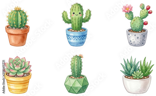 cute watercolor set of smiling kawaii cacti (cactaceae) and succulents in pots