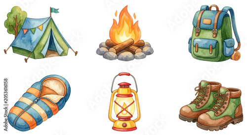 cute camping equipment tent campfire and backpack watercolor clipart set