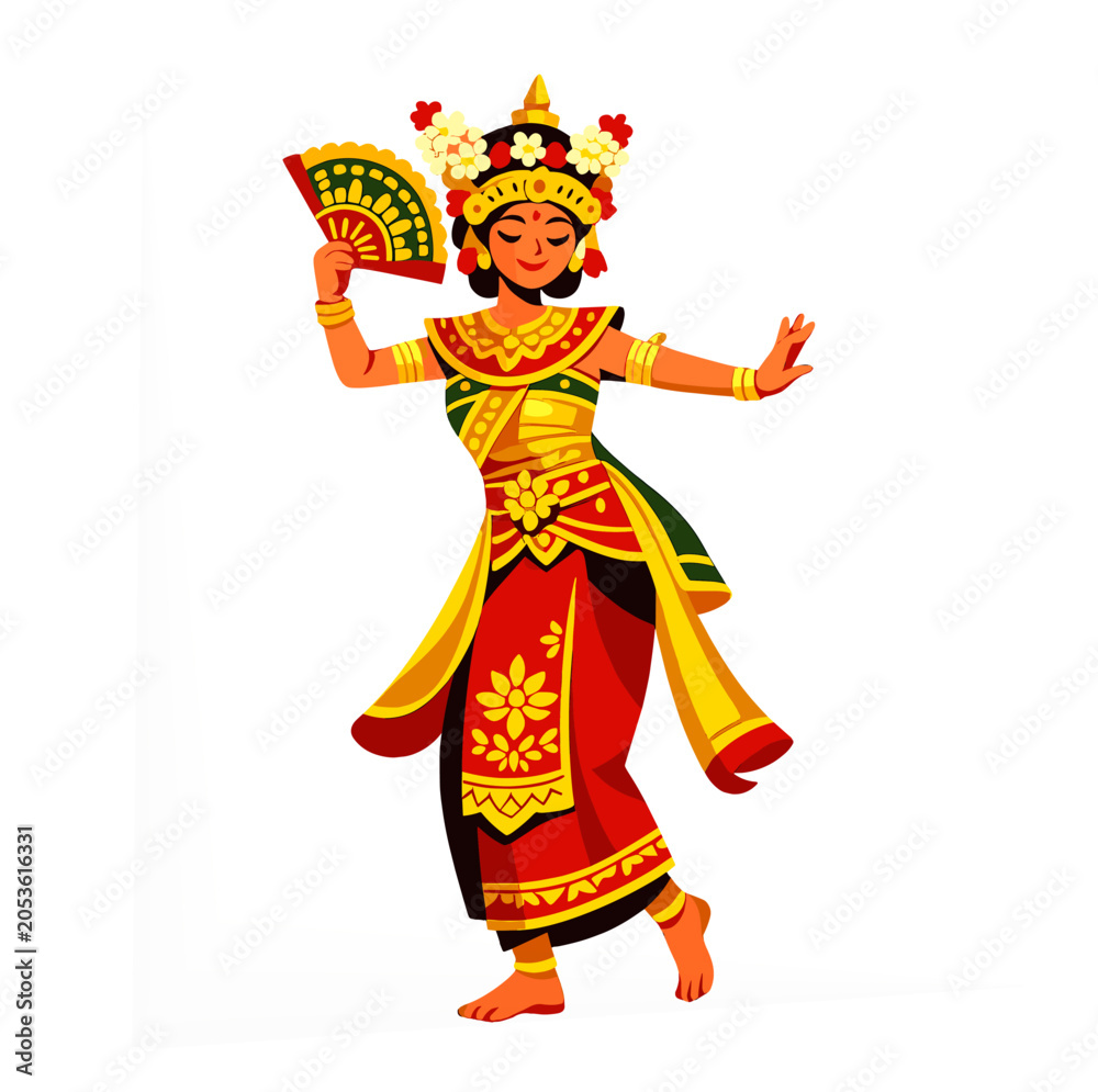 Obraz premium Balinese Traditional Dancer Performing Cultural Dance in Ornate Costume Flat Vector Illustration