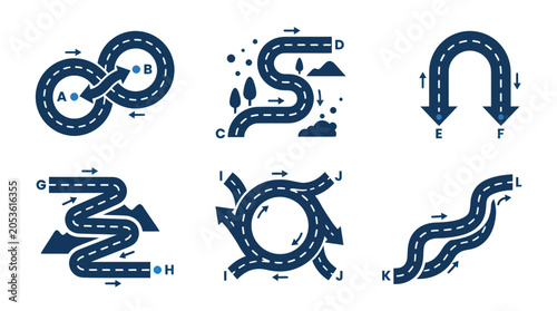 Foto Road Navigation and Pathfinding Icons: Loops, U-turns, Roundabouts, and Winding
