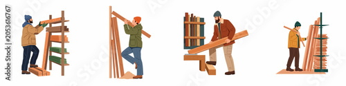 Schilderij op canvas Collection of illustrations showing woodworkers and carpenters organizing, carrying, and storing various wooden planks and timber boards in a professional workshop setting