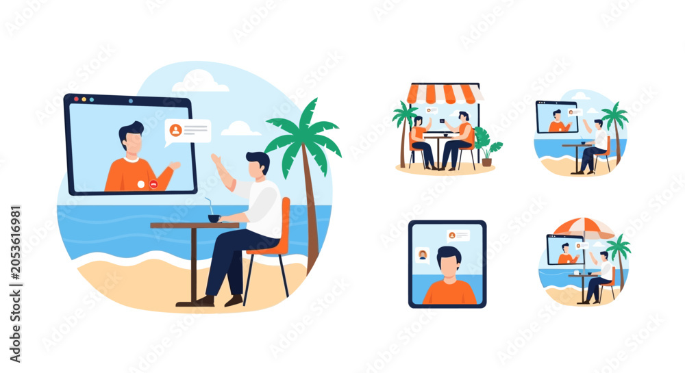 Fototapeta premium Remote Work: Man Video Calling From Tropical Beach Cafe